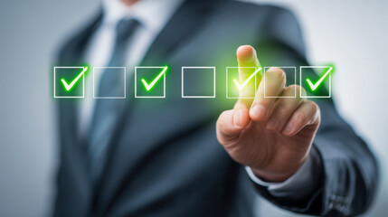 Obraz premium Businessman in suit selecting checkboxes with digital green check marks illustrating task completion and productivity in a modern workplace environment