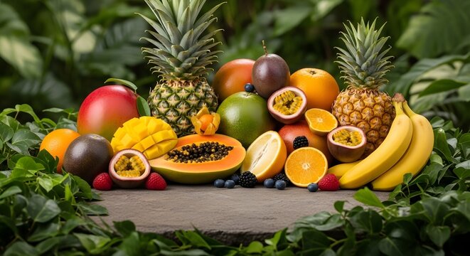Komposisi Buah Tropis Segar Nanas Pepaya Mangga dan Markisa di Alam Terbuka