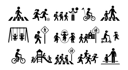School zone safety icons set, children crossing street and playground activities vector, student silhouettes with traffic signs and school building © Farzana