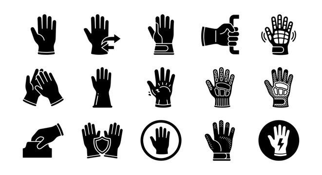 Industrial safety gloves icon set, protective work handwear vector collection, 15 black glyph symbols for occupational health and manual labor safety