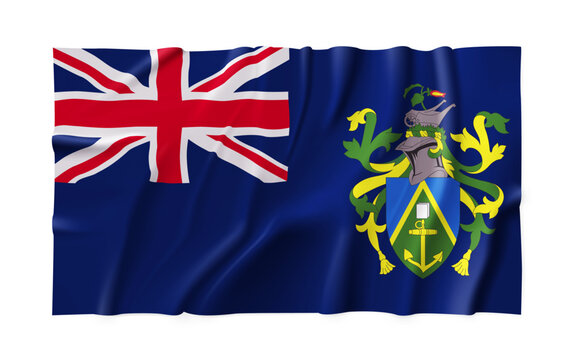 Realistic Pitcairn Islands country flag isolated on a transparent background. Silk atlas detailed fabric flag. Vector PNG