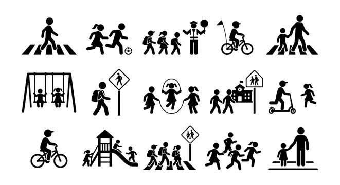 School zone safety icons set, children crossing street and playground activities vector, student silhouettes with traffic signs and school building