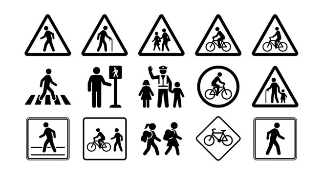 Road safety icon set with pedestrian and bicycle traffic signs, black silhouette street warning symbols, 15 vector elements for urban navigation