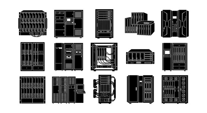 Data center server rack icons set, black silhouette computer hardware equipment, 15 vector network storage units for cloud computing and IT infrastructure