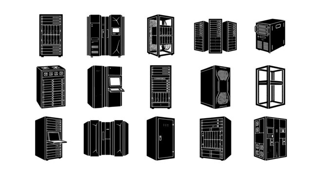 Data center server rack icons, set of 15 black silhouette computer hardware vectors, network hosting equipment and mainframe storage units