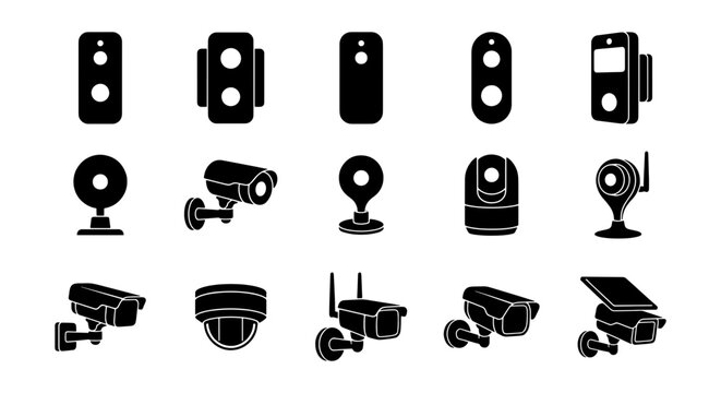 Security camera icon set, surveillance system equipment silhouettes, 15 black vector icons for home safety and monitoring technology