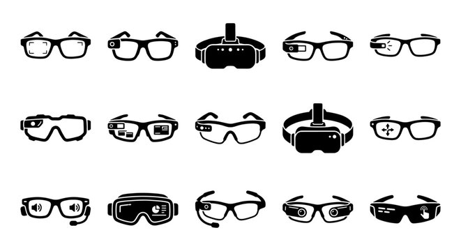 Smart glasses and VR headset icon set, 15 black vector elements for augmented reality, wearable technology and virtual reality hardware