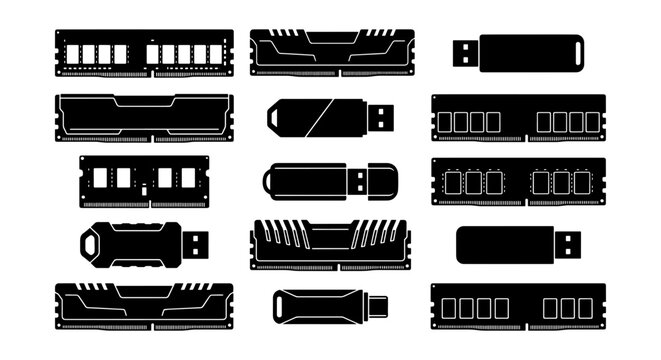 Computer hardware components silhouette set, 14 vector icons of RAM memory modules and USB flash drives, black digital storage and memory hardware