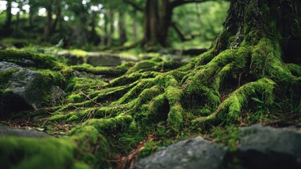 Obraz premium Moss Covered Tree Roots in Forest