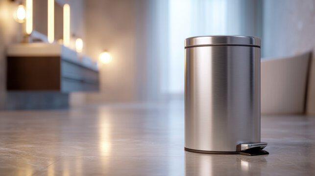 Modern stainless steel trash bin with pedal in a sleek contemporary bathroom featuring soft lighting and reflective marble flooring for home decor