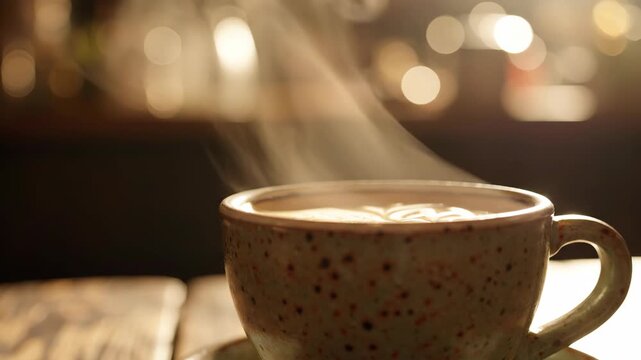 Close up of speckled ceramic mug with rising steam and frothy latte foam on wood