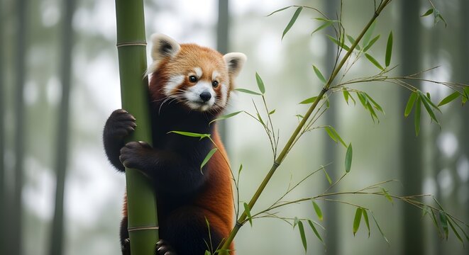 A red panda climbing a bamboo tree in a misty forest with soft natural lighting and sharp detail.
