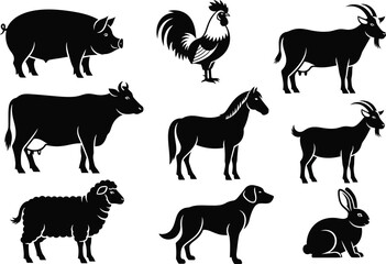 Obraz premium A collection of farm animal silhouettes including a pig, rooster, goat, cow, horse, sheep, dog, and rabbit.