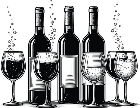 An illustration of wine bottles and glasses on a white background