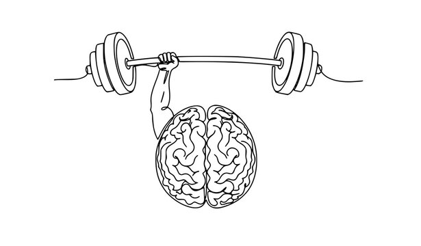 Brain lifting barbell continuous line art mental strength concept vector illustration