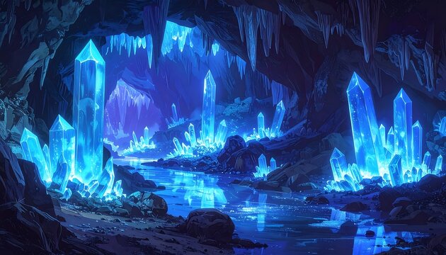 青く輝く結晶が広がる洞窟内部の神秘的で幻想的な空間が印象的な風景