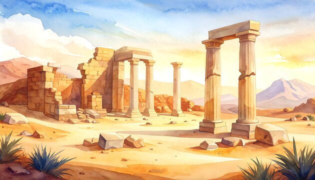 砂漠に立つ古代の柱が並ぶ遺跡が広がる歴史的で壮大な景観が印象的な風景