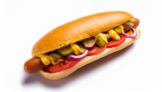 colombia perro caliente hot dog colombiano topped with mustard red onions pickles tomatoes isolated on white background