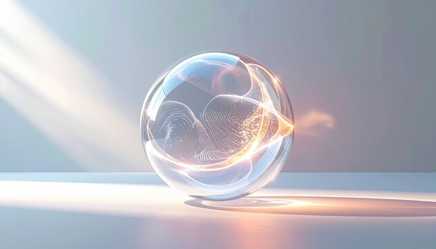 Abstract quantum qubit in superposition depicted as a shimmering translucent sphere with internal light patterns