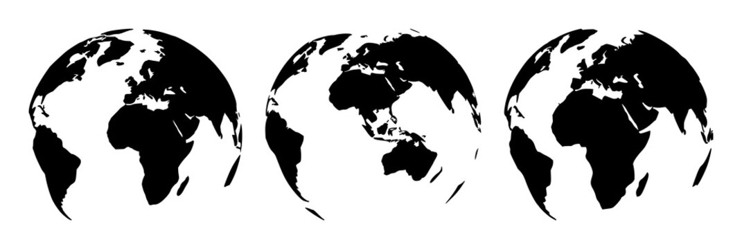 World globe set with black silhouette on white background featuring world map, geography, continents with vector illustration and graphic design