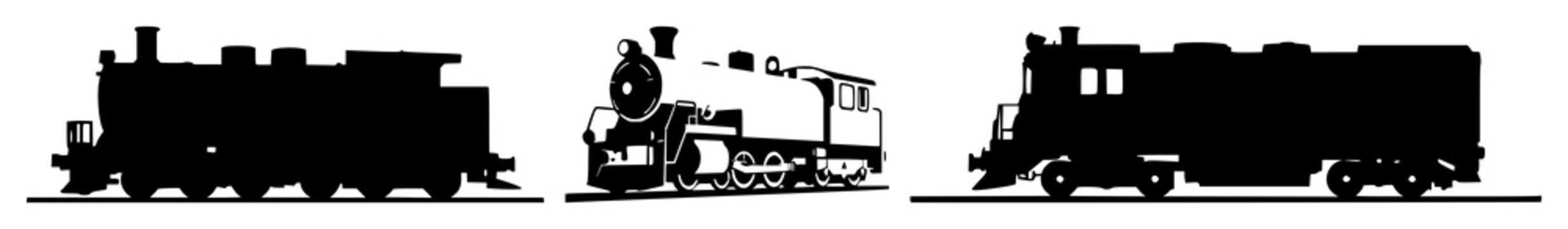 Train engine set with black silhouette on white background featuring locomotive, train, silhouette with graphic and illustration