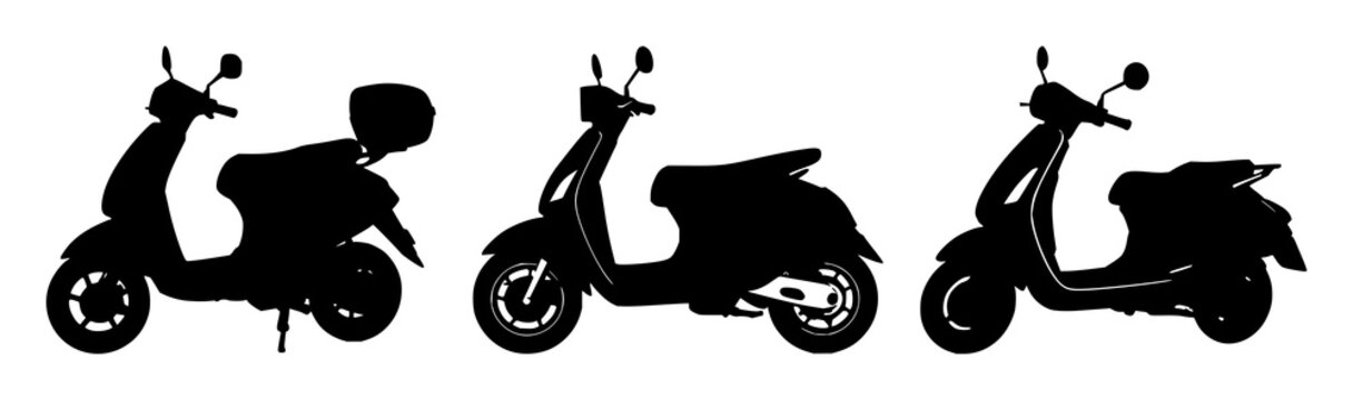 Scooter set with detailed black silhouette of a scooter on a crisp white background featuring scooter, silhouette, transport with urban and motion
