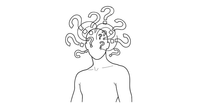 A minimalist line drawing of a person with question marks for hair.