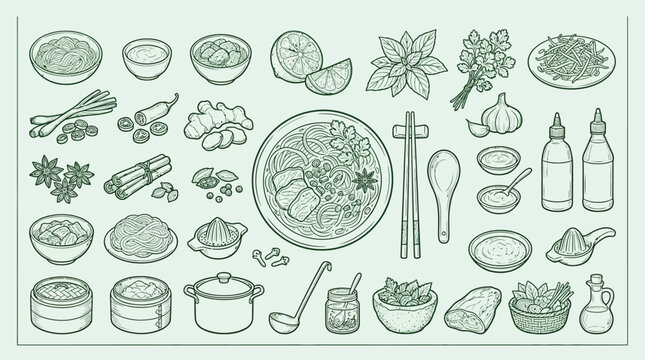 A detailed illustration showcasing a variety of ingredients and dishes commonly found in Asian cuisine, including spices, herbs, vegetables, and prepared meals.