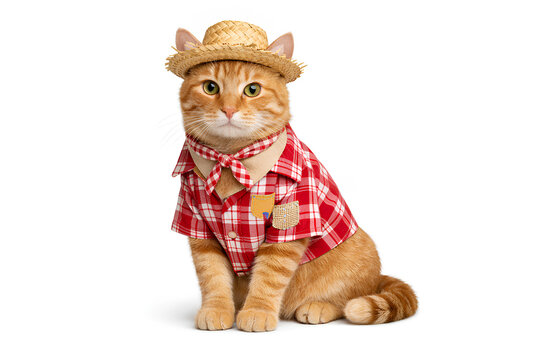 Domestic cat wearing traditional Festa Junina outfit isolated on pure white background