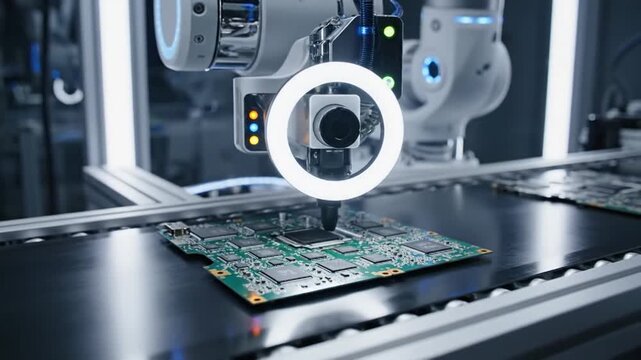 Automated Robotic Machinery Inspecting Electronic Circuit Board for Quality Control on Manufacturing Line