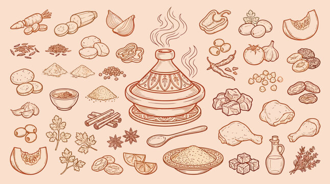 A vibrant collection of ingredients and a tagine pot, illustrating the art of Moroccan cuisine and culinary preparation.