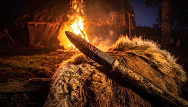 Ancient fire-hardened spear tip rests on rough animal hide beside a blazing campfire, hinting at survival and primitive hunting.