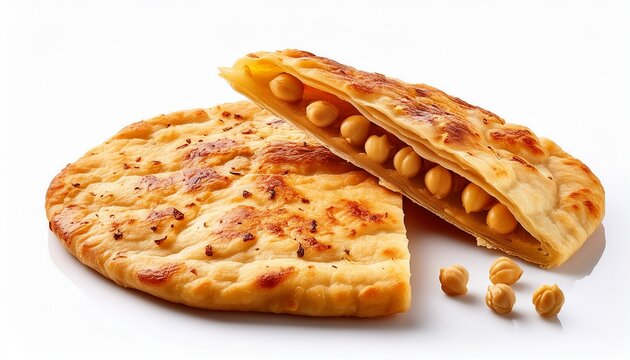 chickpea flatbread with crispy golden brown texture and cut slices isolated on white background concept of argentina faina food