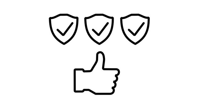 Secure Positive Feedback Motion Icon. Animated icon featuring a thumbs up with multiple shields, representing secure feedback, protected user reviews, and verified satisfaction ratings.