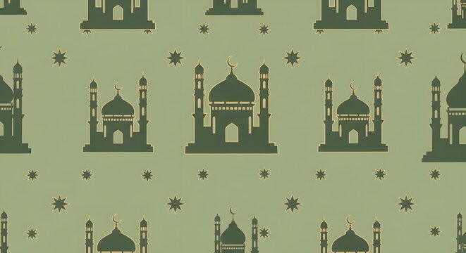 An elegant, seamless pattern featuring dark green mosque silhouettes on a light sage green background.
