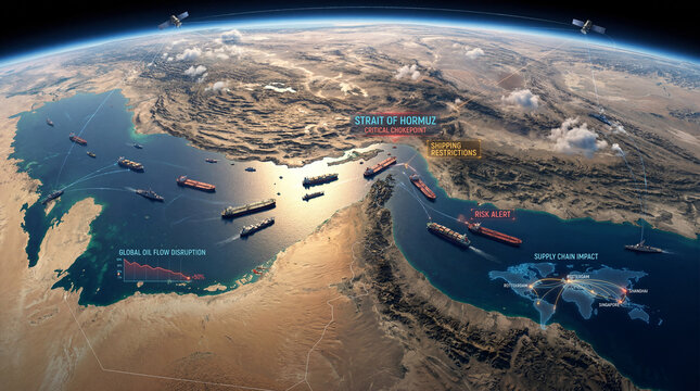 AI monitored Strait of Hormuz crisis with disrupted oil shipping and global energy supply chain tension