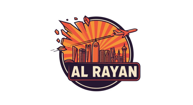 Al Rayan City Skyline Logo with Airplane and Sunburst Design.