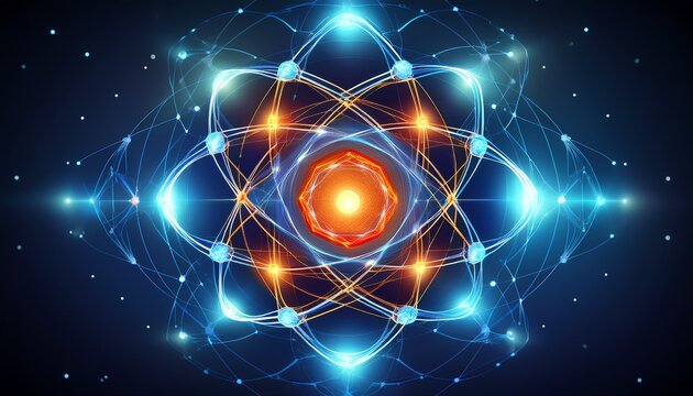 a glowing abstract atom with a blue and orange core surrounded by a network of interconnected lines and dots on a dark blue background
