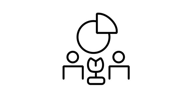 Shared Analytics Motion Icon. Animated line icon showing people connected to a pie chart, symbolizing shared business insights, collaborative reporting, and team-based analytics.