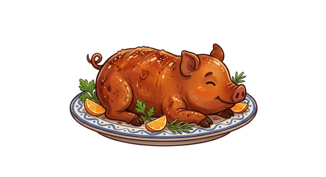Traditional Roasted Suckling Pig on Plate Vector Illustration