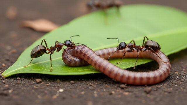 Macro shot of worker ants cooperatively carrying a dead millipede across a vibrant green leaf on the damp forest floor, demonstrating teamwork and nature's cycle of survival
