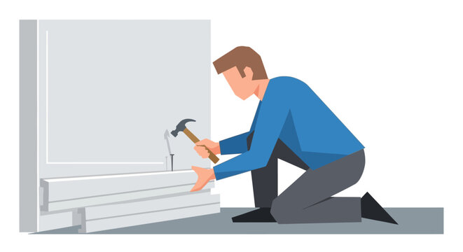 Man Installing Baseboard with Hammer Vector Illustration for DIY Home Renovation and Construction Concept
