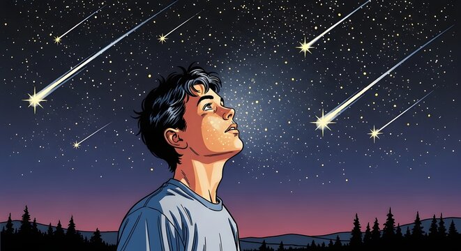 A young person gazes in wonder at a meteor shower against a twilight sky, inspired by the fictional date 19 April 26