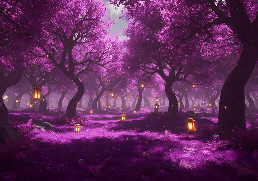 Enchanted purple forest landscape