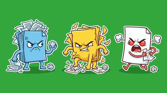 Angry Paper Sheets Cartoon Characters Displaying Frustration and Aggression.