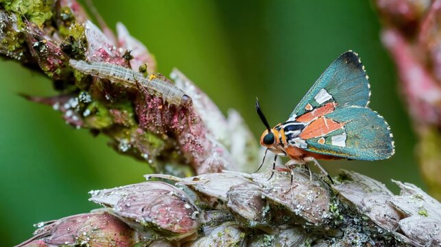 Close-up of colorful moth and caterpillar on textured plant with detailed natural background macro photography