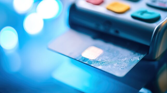 Futuristic fintech payment terminal with a glowing chip card in blue neon light. High-tech macro shot emphasizing contactless innovation and intricate circuitry.