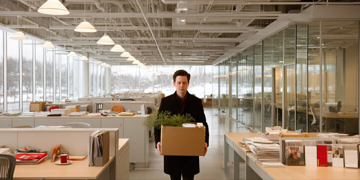 A man carries a cardboard box with his belongings in a modern office after being laid off. This office layoff scene captures job loss and career transition with somber clarity.