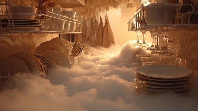 A dishwasher overflowing with soap suds engulfs plates and glassware in warm sunlight. The kitchen scene combines sparkling cleanliness with a dramatic bubbly mess.