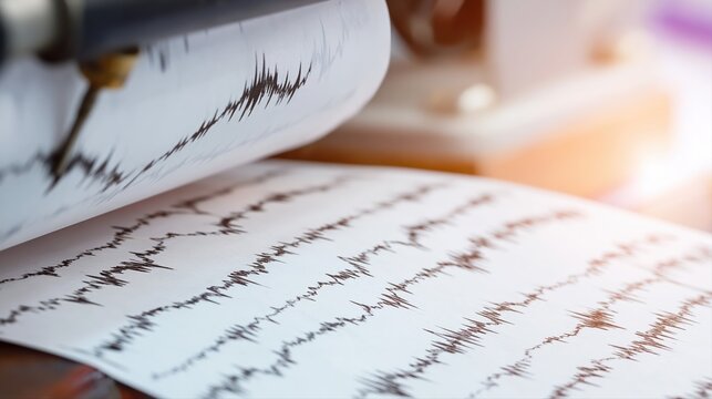 Ultra-detailed close-up of a seismograph machine recording sharp seismic lines on paper. Scientific lighting highlights earthquake monitoring in a laboratory setting.